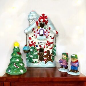Vintage Village Candy Store Christmas Light Up House Set Tree Children 4 Pieces